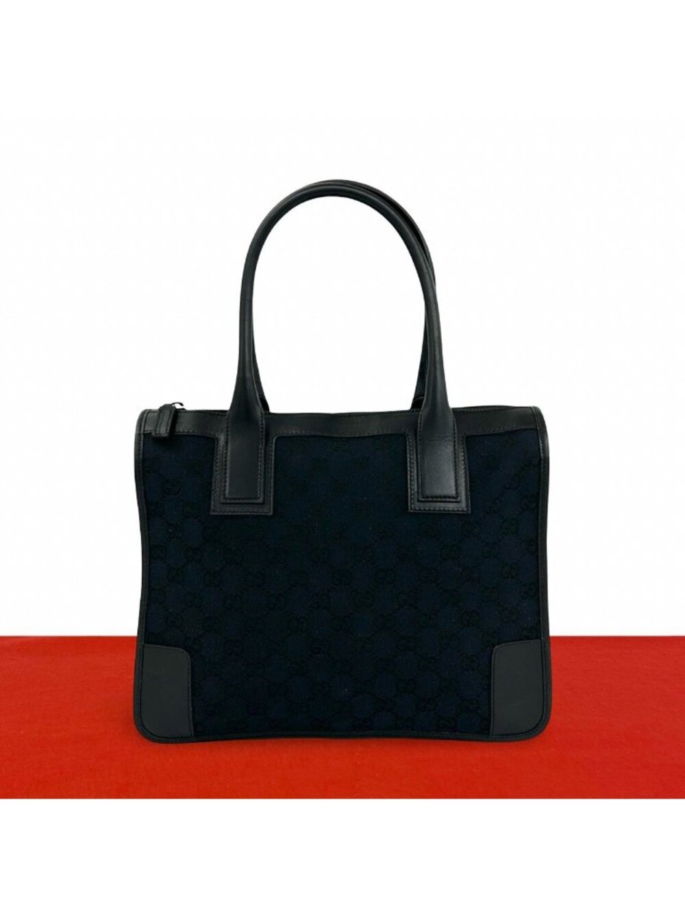 Gucci GG Logo Pattern Leather Tote Bag Black Dark Navy